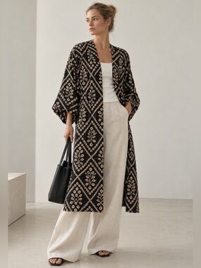 Women's Kimono Coverup in Black with Beige Floral Print